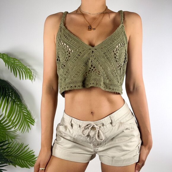 Womens Green Granola Girl Beachy Coastal Chic Crochet Knit Cropped Tank Top /OS - Picture 1 of 7
